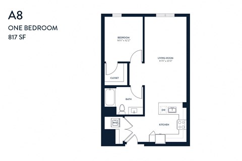 Floor plan for 1 bed, 1 bath, 860 sqft